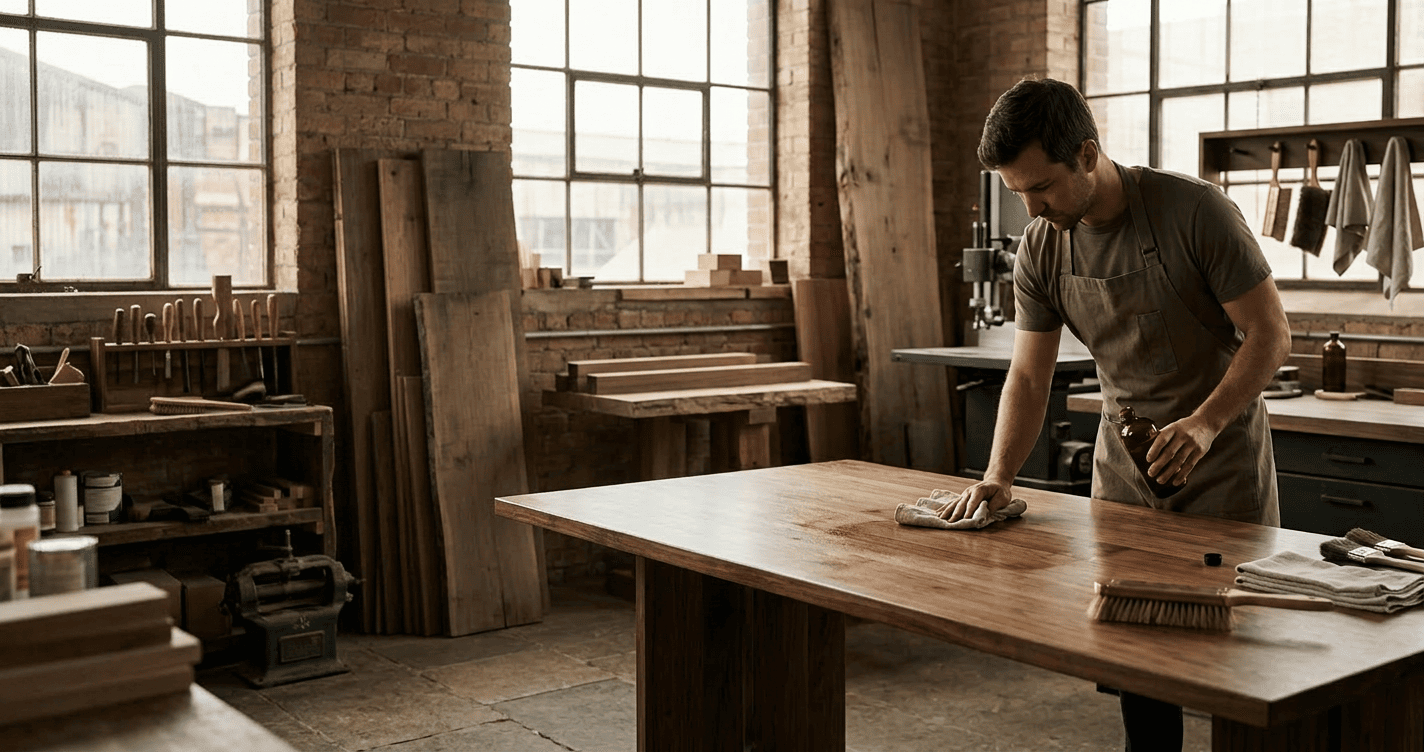Limpeza e manutenção de mesa de cadeira de móveis de madeira com pano e agente de limpeza