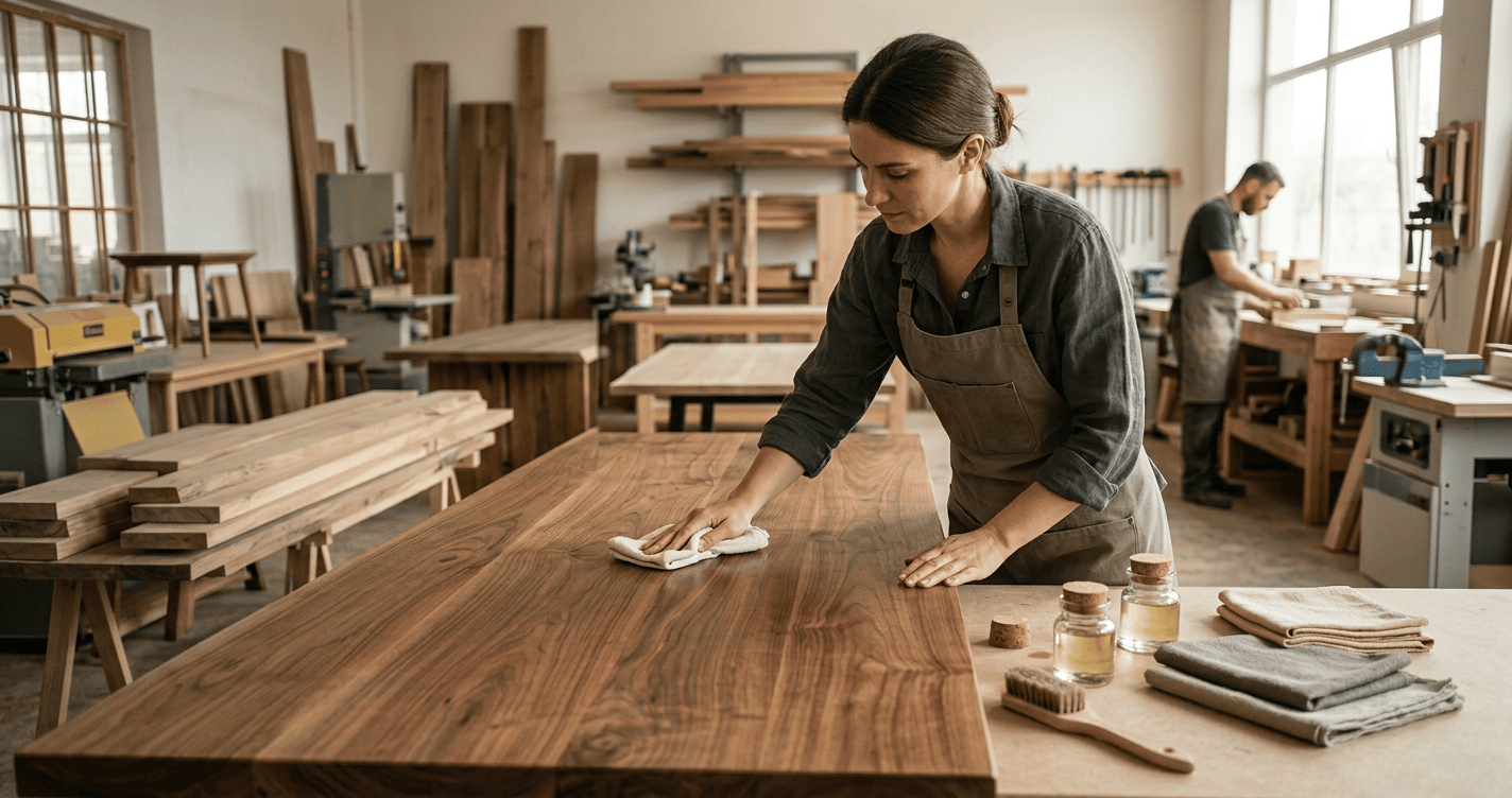 Imagem profissional de blog sobre: "Manual de Preservação: Como Limpar e Manter sua Mesa de Madeira Maciça de Luxo Impec